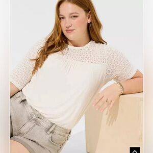 Torrid 2 Super Soft crew Neck Geo Lace Yoke Elbow Sleeve Top NWOT